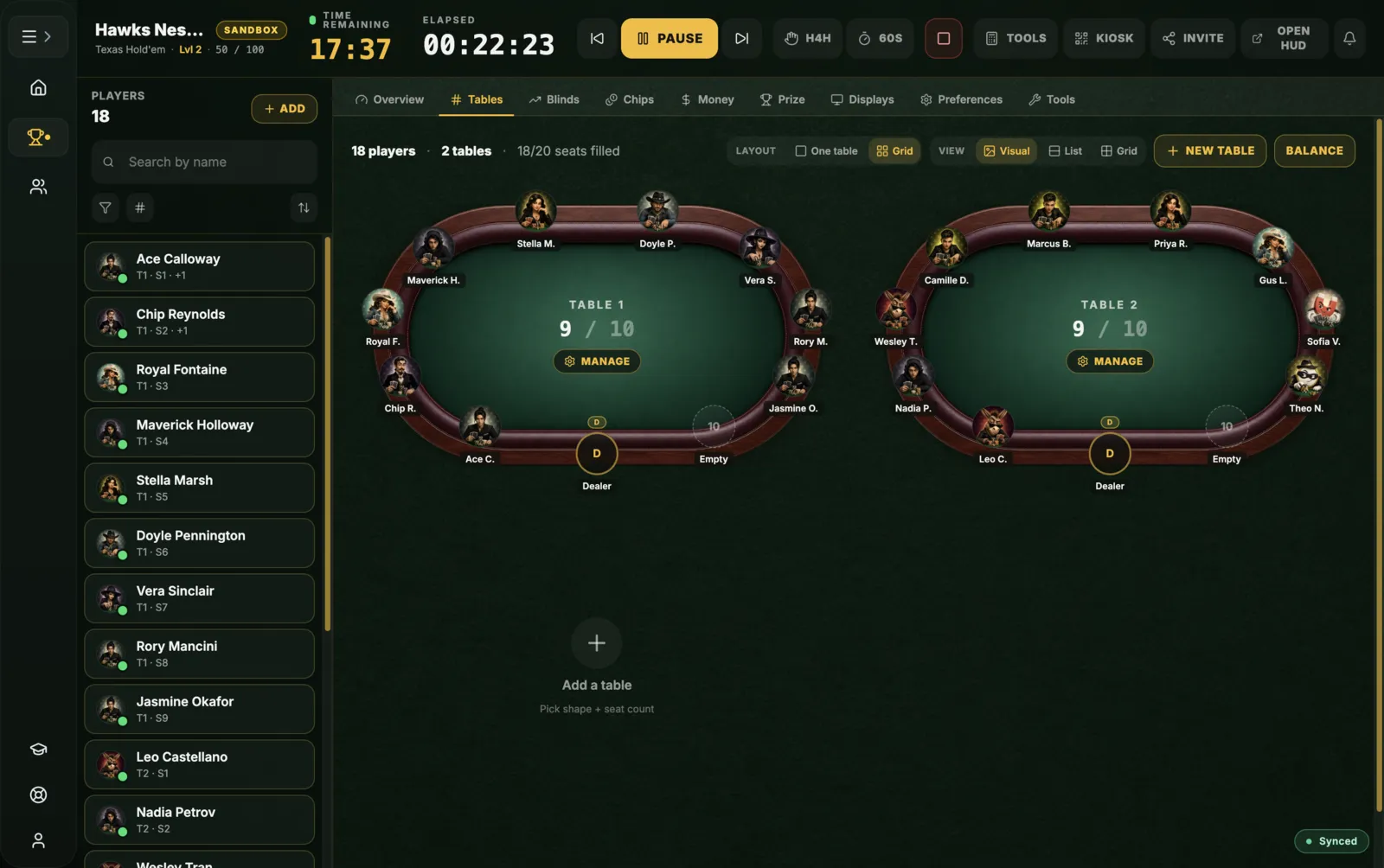 The desktop controller showing two tables of nine players each, with seat assignments, the dealer button and a balance control.