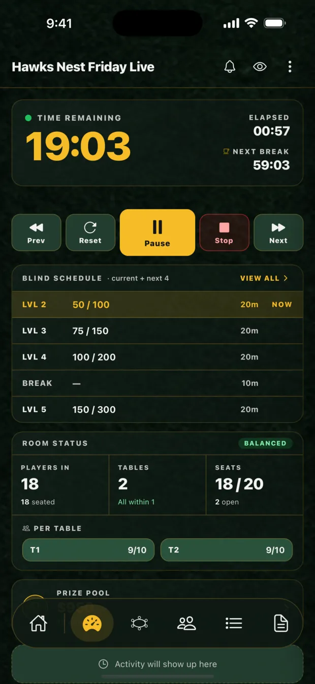Poker Hawk on a phone, showing the clock, the blind schedule and room status with both tables balanced.
